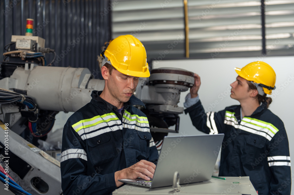 Fototapeta premium Engineer standing by robotic arm and operating machine in industry factory, technician worker check for repair maintenance electronic operation