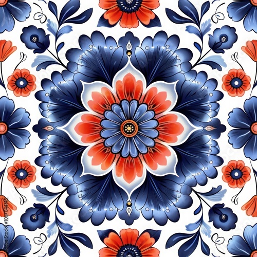 Talavera Poblana: Mexican Pottery Inspired Vector Seamless Long Horizontal Pattern photo