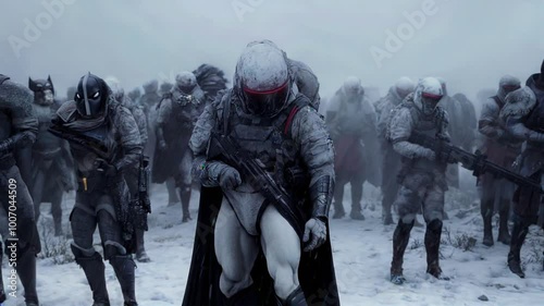 people walking in the snow soldiers war fight another planet helmet space suit science fiction planet