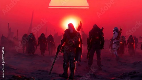 soldier walking on another planet sunset red light war wasteland scifi science fiction gun