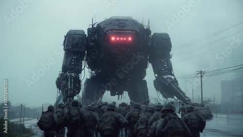 Big robot at war red lights science fiction apocalypse future