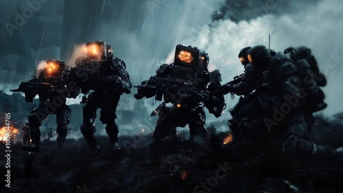 Futuristic soldiers at war yellow lighting helmet and robot. Apocalypse science fiction