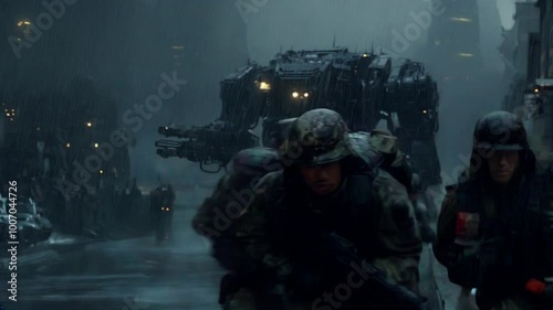 Futuristic soldiers at war with big robot