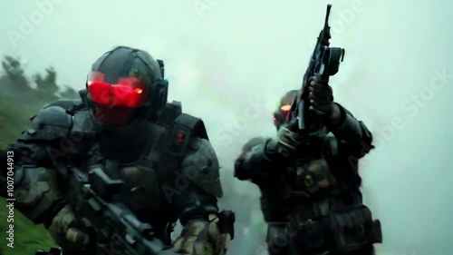 Futuristic soldiers at war red light in helmet