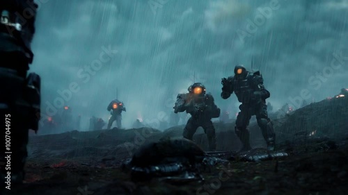 Futuristic soldiers at war raining at night