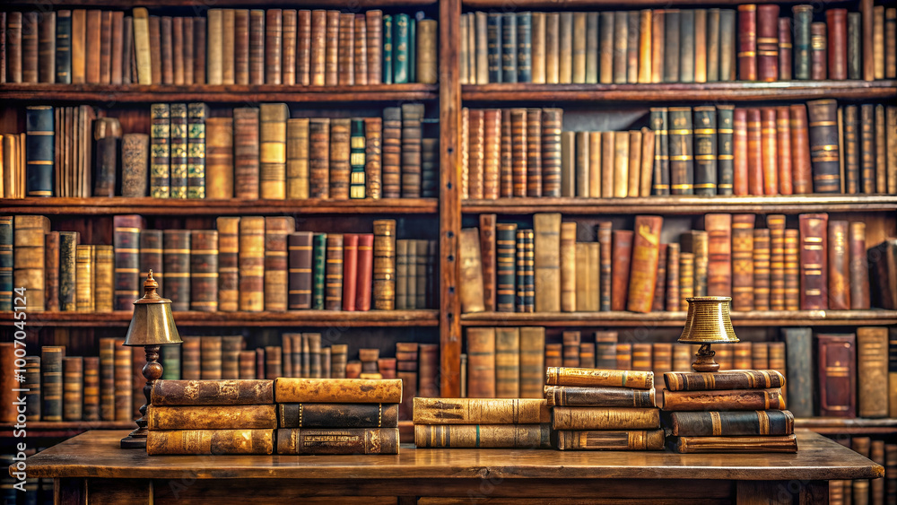 Antique books displayed on a wooden table, evoking a sense of intellectual pursuit. Antique books displayed on a wooden table, evoking a sense of intellectual pursuit.