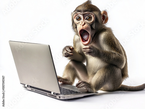 Funny little shocked monkey using laptop. Isolated on white.