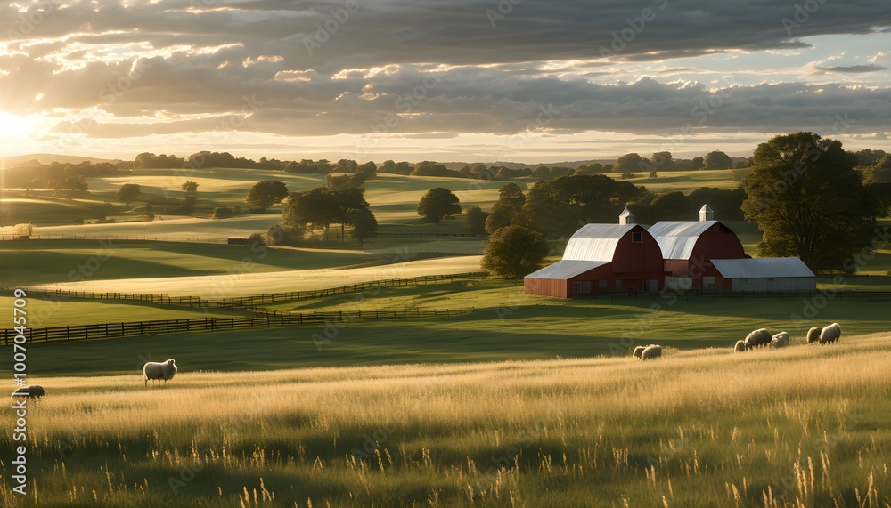 Serene pastoral landscape featuring a farmhouse and grazing sheep in a ...