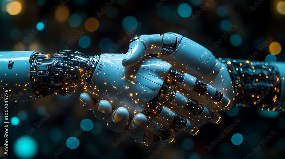 Robot hand shaking with a human: a symbol of future business cooperation. Combining artificial intelligence and human touch for technological evolution. Robot hand shaking with a human: a symbol of future business cooperation. Combining artificial intelligence and human touch for technological evolution.