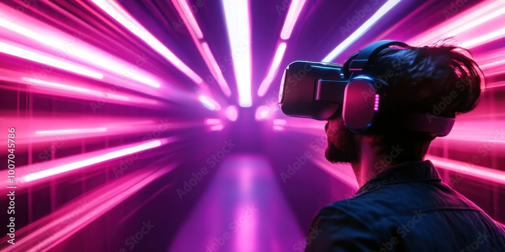 a man wearing virtual reality glasses in a tunnel of light a man wearing virtual reality glasses in a tunnel of light