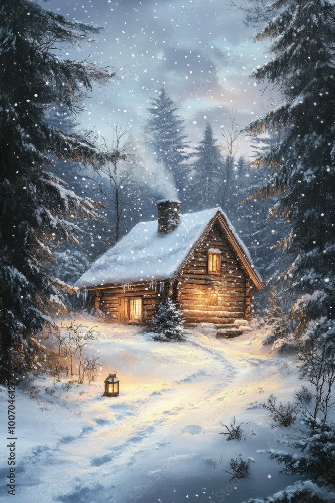 winter cabin scene, winter scene a quaint cabin in a snowy forest, embraced by pine trees and soft lantern glow, exuding cozy charm winter cabin scene, winter scene a quaint cabin in a snowy forest, embraced by pine trees and soft lantern glow, exuding cozy charm