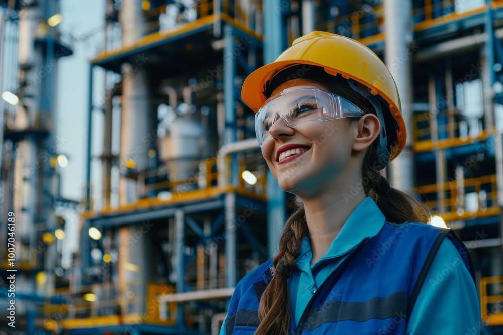Female engineer at oil refinery, smiling in hard hat and vest. Female engineer at oil refinery, smiling in hard hat and vest.