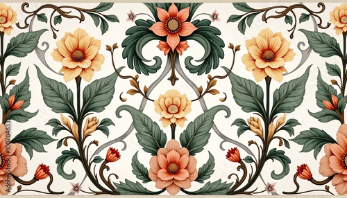 A pattern design for a scarf or throw blanket featuring intricate botanical motifs, inspired by Art Nouveau