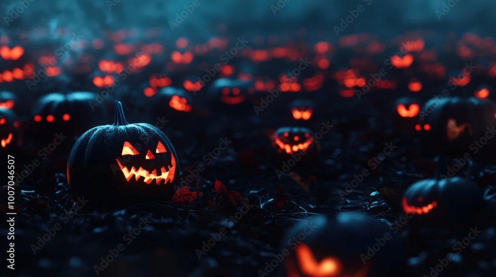 A field of pumpkins with their faces lit up in the dark A field of pumpkins with their faces lit up in the dark