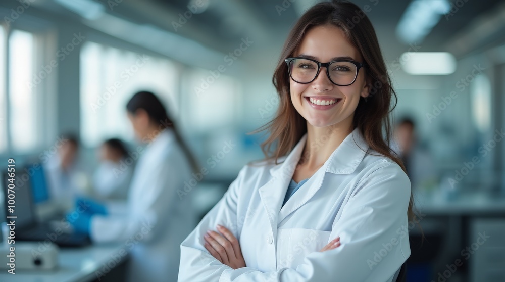 A scientist smiles at the camera while friends work with lab equipment and samples nearby A scientist smiles at the camera while friends work with lab equipment and samples nearby