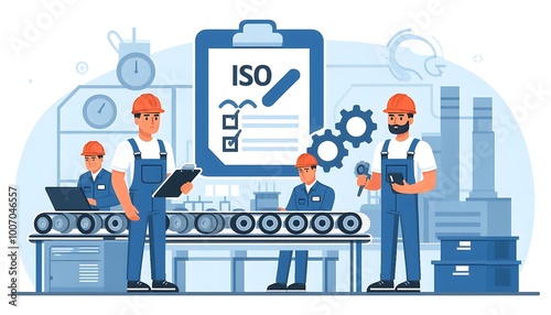factory workers performing an ISO compliance inspection on the production line in flat design displayed on white background