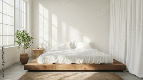 Bright and airy minimalist bedroom with a low bed, crisp white linens, and minimal furnishings