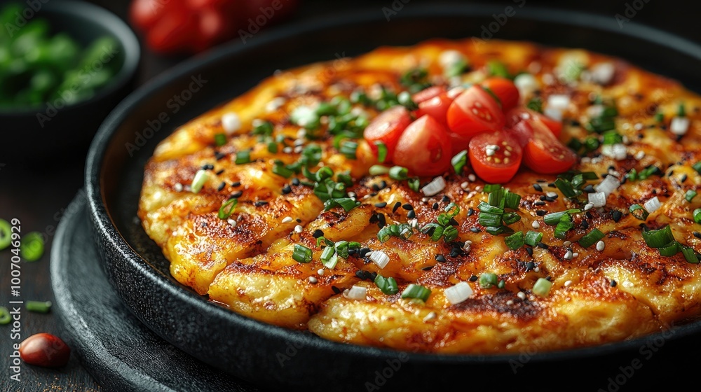 Savory Korean Pancake with Sesame Seeds and Cherry Tomatoes Savory Korean Pancake with Sesame Seeds and Cherry Tomatoes