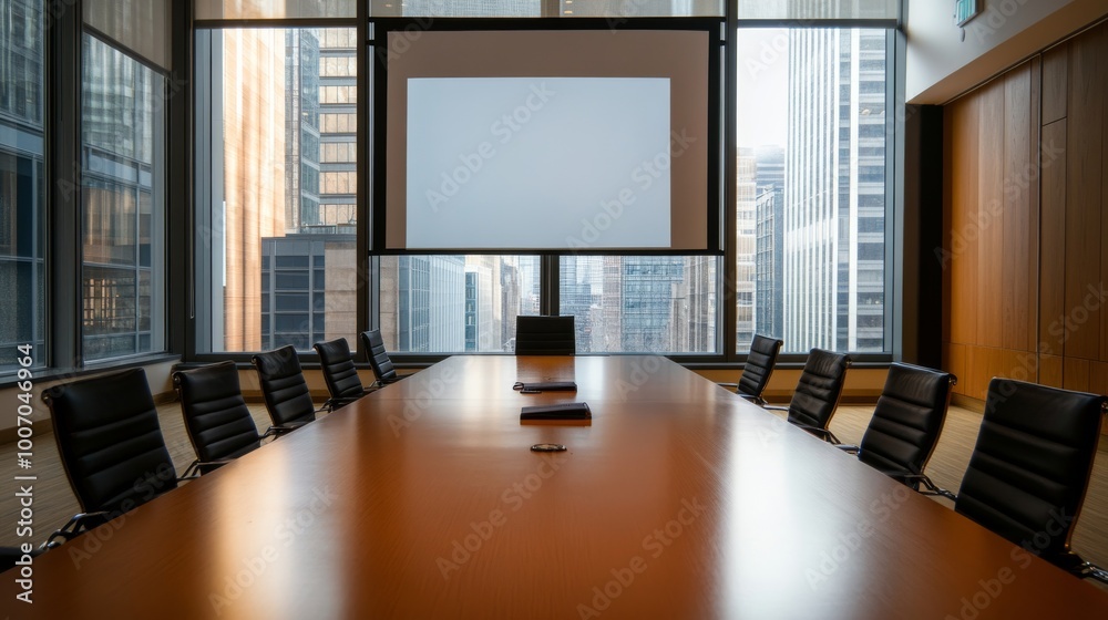 Elegant conference room features a polished mahogany table and leather chairs, with a large projector screen and stunning city views, prepared for a formal presentation Elegant conference room features a polished mahogany table and leather chairs, with a large projector screen and stunning city views, prepared for a formal presentation