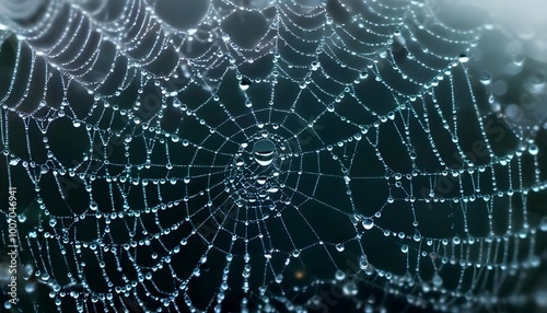 Intricate spider web adorned with delicate water droplets, capturing a sense of movement and life in its detailed beauty