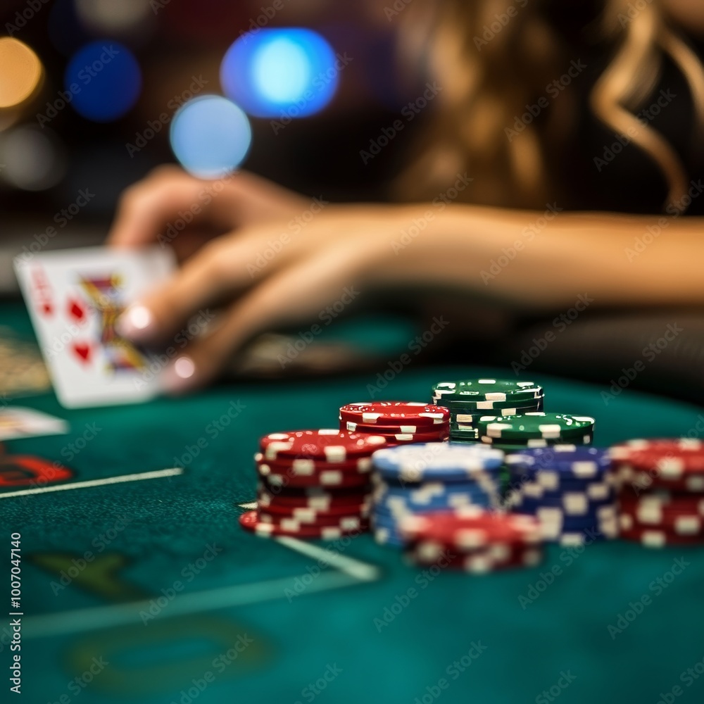 Casino theme image with poker chips and cards on green table. Casino theme image with poker chips and cards on green table.