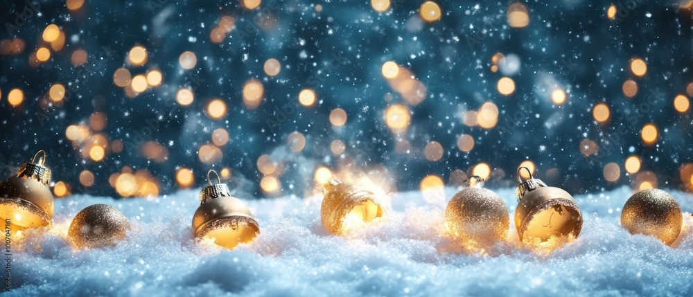 A row of Christmas ornaments are scattered on the snow A row of Christmas ornaments are scattered on the snow