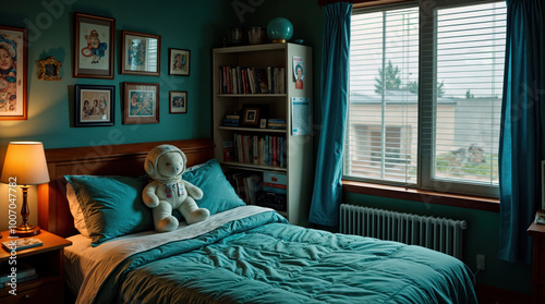 Cozy teal bedroom with space theme decor, astronaut plushie on bed, framed artwork, and bookshelf, creating a whimsical and imaginative atmosphere for children photo