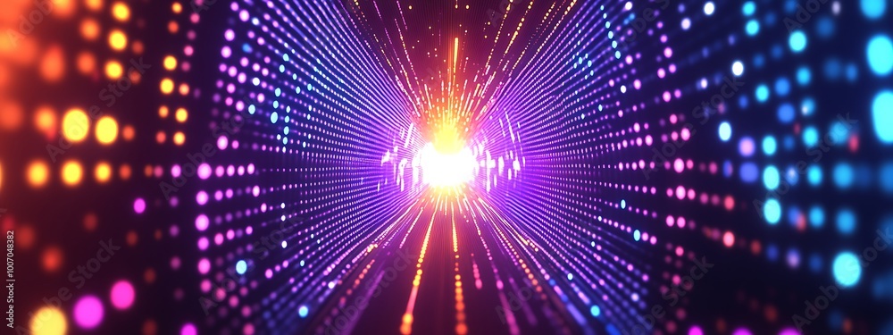 Fototapeta premium Abstract background with glowing lights and colorful dots, creating a futuristic tunnel effect.