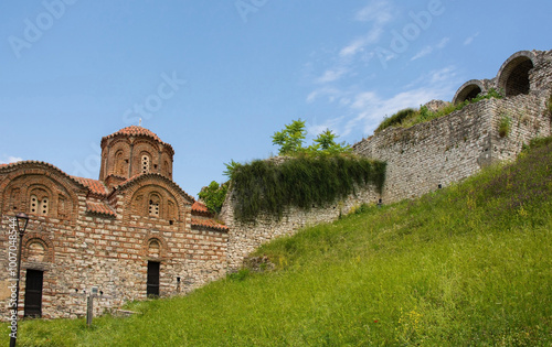 Eastern Orthodox Church of the Holy Trinity in Berat, Albania. 13th century church exhibiting medieval Ottoman and Byzantine architectural styles. In Berat Castle on Kalaja Hill. Citadel background