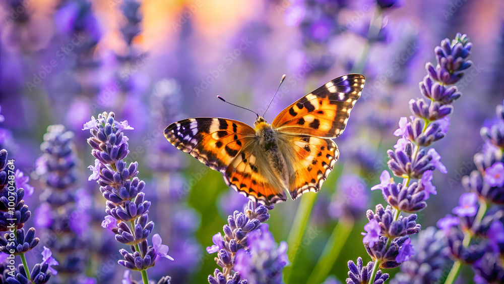 Serene nature scene featuring a butterfly enjoying the nectar of a lavender blossom Serene nature scene featuring a butterfly enjoying the nectar of a lavender blossom