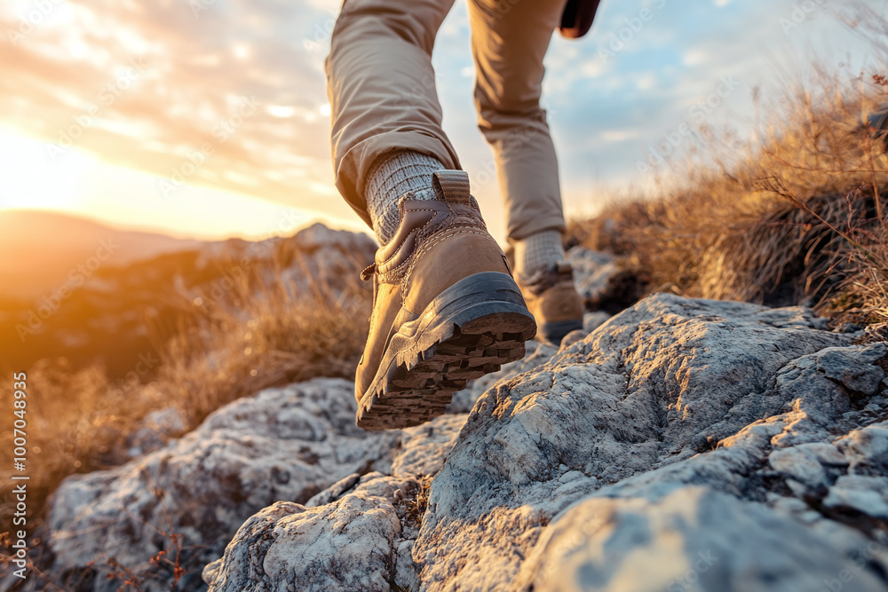 Close-up of Hiker Hiking Climbing Rocky Trail at Sunset, Active Lifestyle, Outdoor Activity, Nature Close-up of Hiker Hiking Climbing Rocky Trail at Sunset, Active Lifestyle, Outdoor Activity, Nature