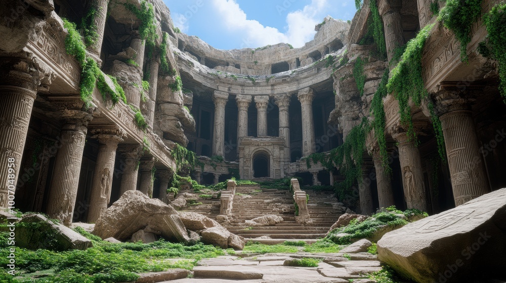 Naklejka premium Ancient Ruins Surrounded by Lush Greenery