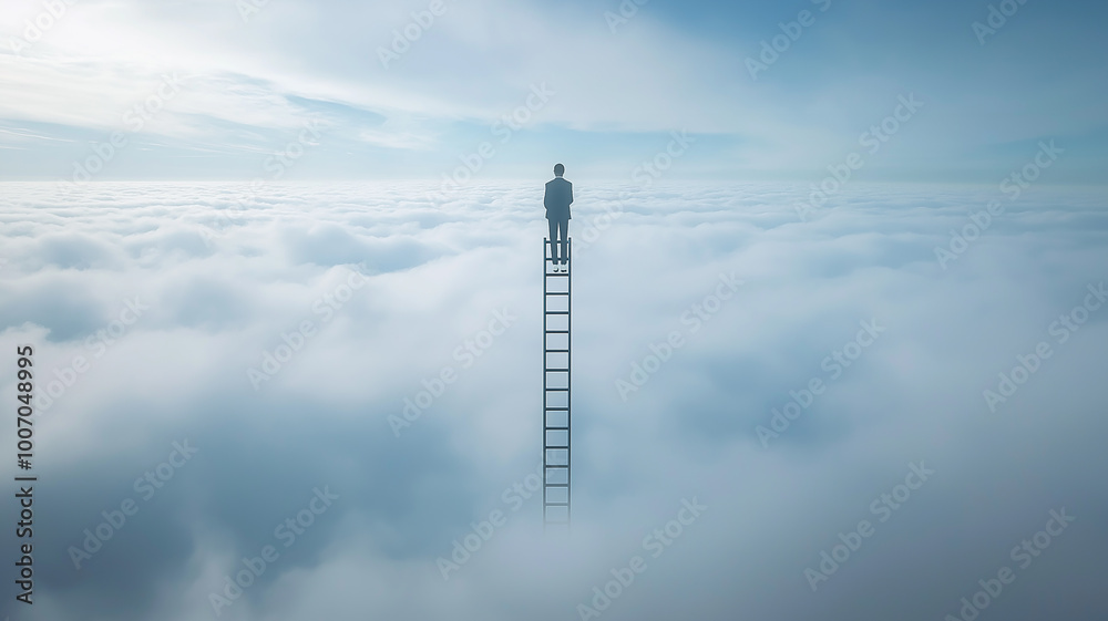 Obraz premium Corporate Climb, A person scaling an impossibly tall ladder stretching into the clouds, symbolizing ambition and the corporate ladder