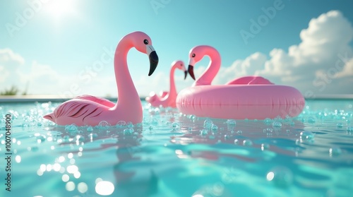 Colorful flamingo pool floats drift gently on turquoise water under a bright blue sky