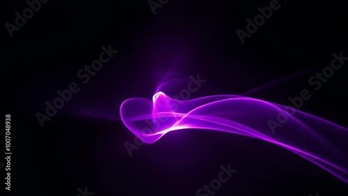 Flowing purple and white light trails, abstract animation over dark background

