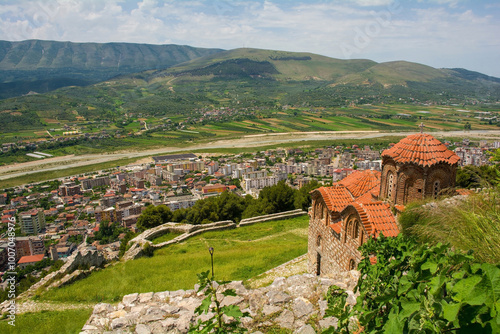 The Eastern Orthodox Church of the Holy Trinity in Berat, Albania. This 13th century church exhibits medieval Ottoman and Byzantine architectural styles, located within Berat Castle on Kalaja Hill