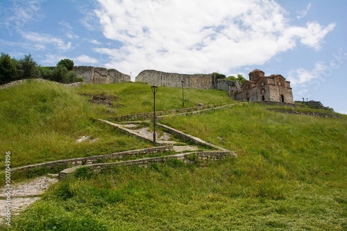 The Eastern Orthodox Church of the Holy Trinity in Berat, Albania. This 13th century church exhibits medieval Ottoman and Byzantine architectural styles, located within Berat Castle on Kalaja Hill