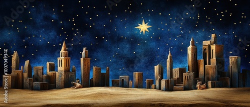 A cityscape with a star in the sky