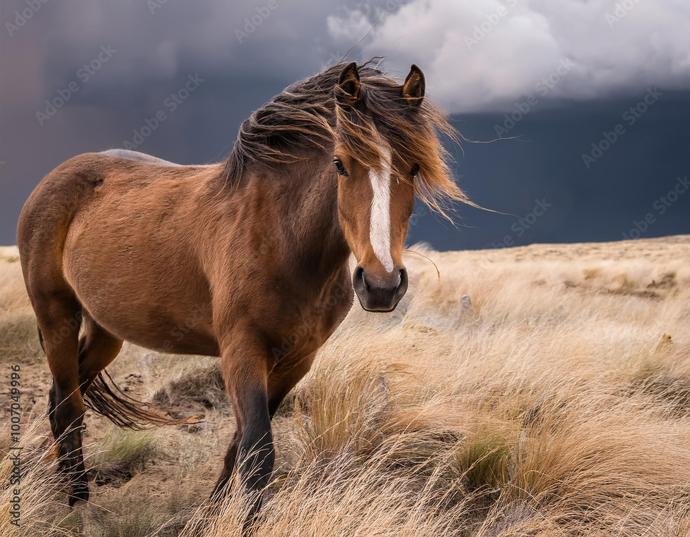 Obraz premium Brown horse in a field on a windy, stormy day 