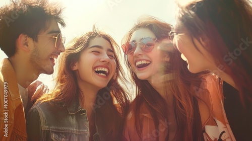 Four Friends Laughing Together Outdoors in the Sunlight
