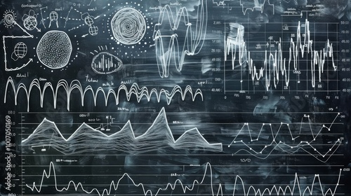 a blackboard with drawings of convolutional neural networks and related equations, time series plot showing seasonal patterns  photo