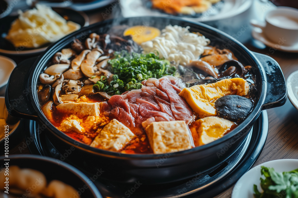 Flavorful Japanese hotpot with beef and fresh ingredients Flavorful Japanese hotpot with beef and fresh ingredients