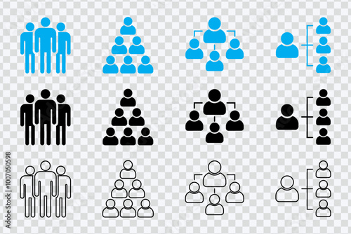"Organization icon set with hierarchy, teamwork, leadership, and collaboration symbols."