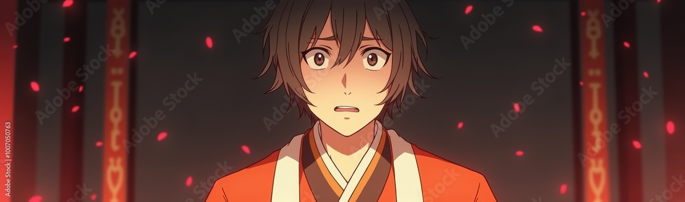 A young male character in traditional attire, expressing emotions amidst a serene and vibrant backdrop. Ideal for anime, Japanese culture, or storytelling themes. A young male character in traditional attire, expressing emotions amidst a serene and vibrant backdrop. Ideal for anime, Japanese culture, or storytelling themes.