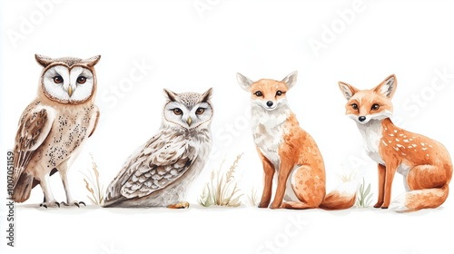 Illustration of an owl duo and fox pair sitting side by side against a white background showcasing natural beauty and wildlife diversity