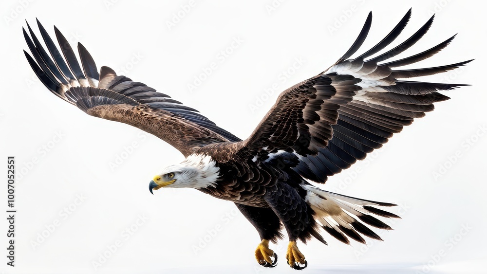 Fototapeta premium A majestic eagle in flight, showcasing its powerful wings and sharp features against a light background.