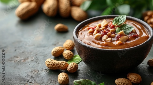 Delicious Peanut Sauce with Chili and Basil Garnish