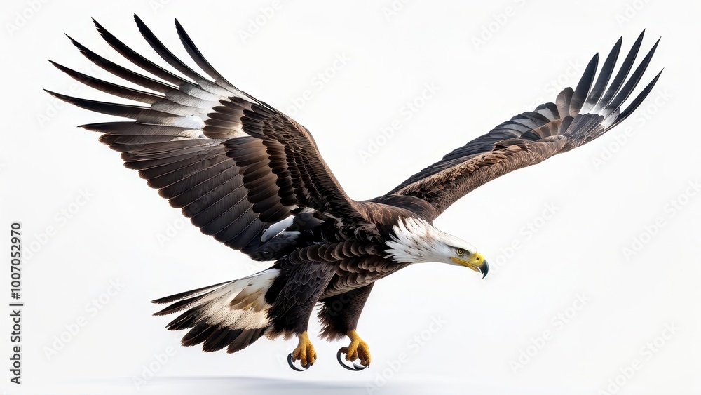 A majestic eagle soaring with outstretched wings against a white background. A majestic eagle soaring with outstretched wings against a white background.
