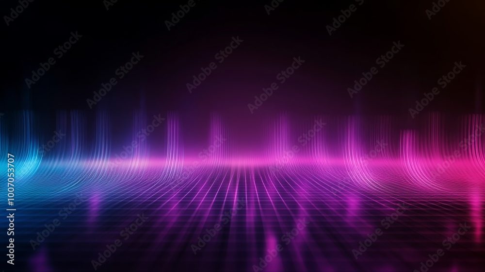 High-tech virtual reality waveforms flow across a transparent grid, illuminated by vibrant neon purple and blue lights, showcasing innovative data movement and creative potential High-tech virtual reality waveforms flow across a transparent grid, illuminated by vibrant neon purple and blue lights, showcasing innovative data movement and creative potential