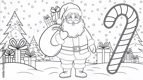 Santa Claus with gifts and candy cane outline line art doodle cartoon illustration. Winter Christmas theme coloring book page activity for kids and adults.